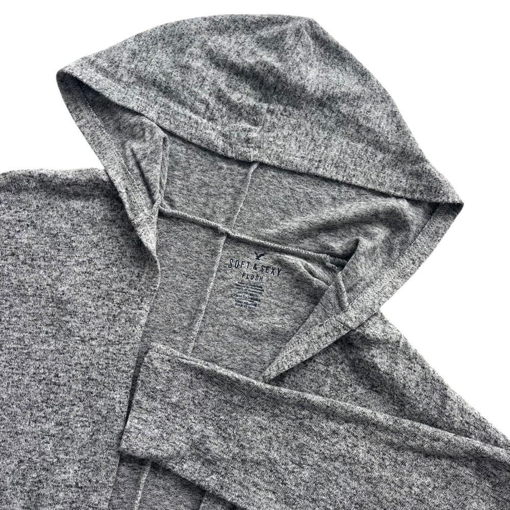 American Eagle Womens XS Heather Gray Soft & Sexy Plush Hood Open Front Cardigan